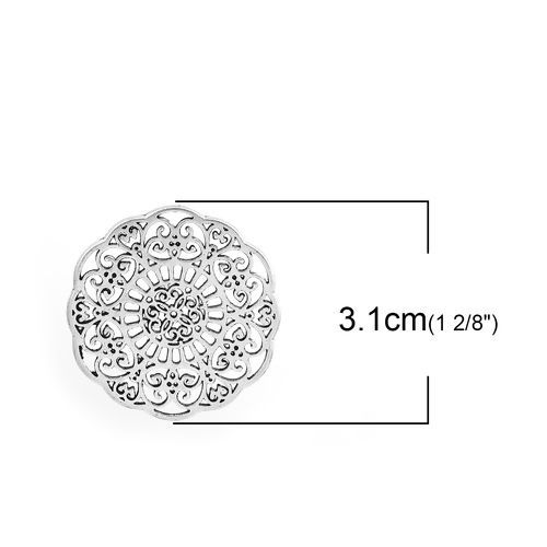Image de Connecteurs en Alliage de Zinc Rond Argent Vieilli Fleurs Creuses 31mm x 31mm, 10 Pcs