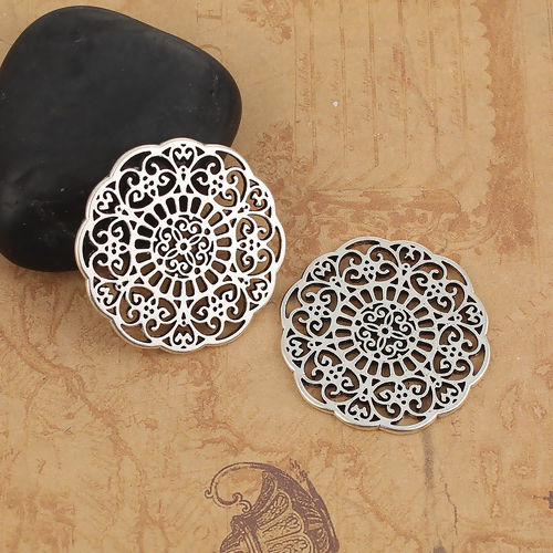Image de Connecteurs en Alliage de Zinc Rond Argent Vieilli Fleurs Creuses 31mm x 31mm, 10 Pcs