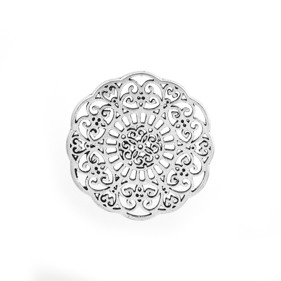 Image de Connecteurs en Alliage de Zinc Rond Argent Vieilli Fleurs Creuses 31mm x 31mm, 10 Pcs