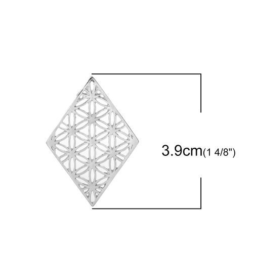 亜鉛合金 生命の花 装飾 菱形 シルバートーン 透かし 39mm x 27mm、 10 個 の画像