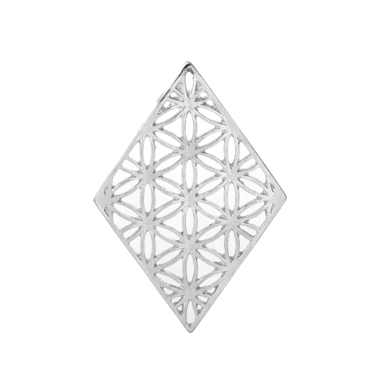 亜鉛合金 生命の花 装飾 菱形 シルバートーン 透かし 39mm x 27mm、 10 個 の画像