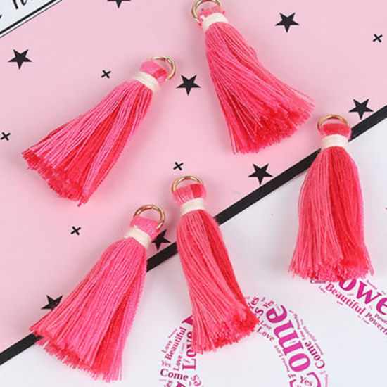 Image de Pendentifs en Coton Franges Pompons Glands Rose Rouge avec Anneaux 35mm, 20 Pcs