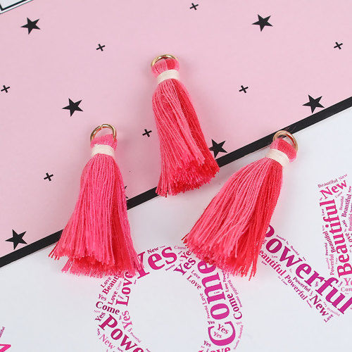 Image de Pendentifs en Coton Franges Pompons Glands Rose Rouge avec Anneaux 35mm, 20 Pcs