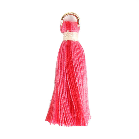 Image de Pendentifs en Coton Franges Pompons Glands Rose Rouge avec Anneaux 35mm, 20 Pcs