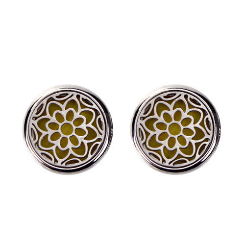 Image de 20mm Bouton Pression pour Bracelet Bouton Pression en Laiton & Acier Inoxydable Rond Argent Mat Tampons en Feutre de Diffuseurs d'Huile Jaune Fleurs, Taille de Poignée: 5.5mm, 1 Pièce