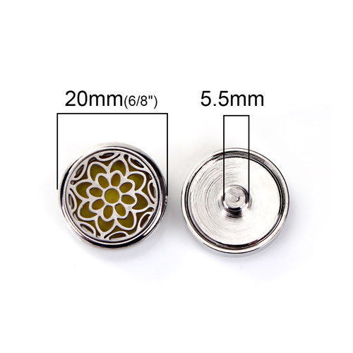 Image de 20mm Bouton Pression pour Bracelet Bouton Pression en Laiton & Acier Inoxydable Rond Argent Mat Tampons en Feutre de Diffuseurs d'Huile Jaune Fleurs, Taille de Poignée: 5.5mm, 1 Pièce