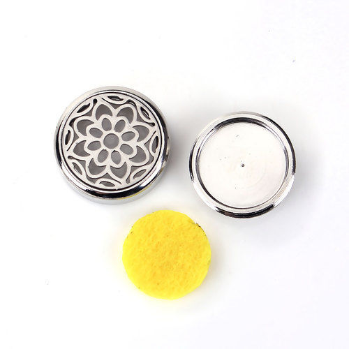 Image de 20mm Bouton Pression pour Bracelet Bouton Pression en Laiton & Acier Inoxydable Rond Argent Mat Tampons en Feutre de Diffuseurs d'Huile Jaune Fleurs, Taille de Poignée: 5.5mm, 1 Pièce
