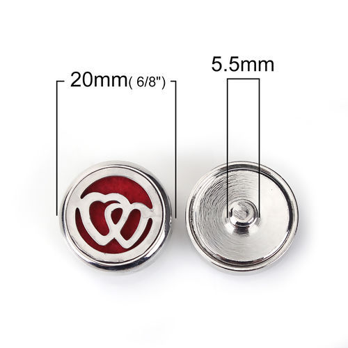 Image de 20mm Bouton Pression pour Bracelet Bouton Pression en Laiton & Acier Inoxydable Rond Argent Mat Rouge Tampons en Feutre de Diffuseurs d'Huile Cœur, Taille de Poignée: 5.5mm, 1 Pièce