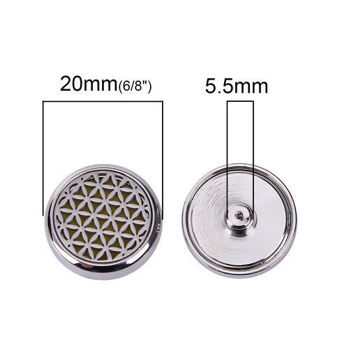 Image de 20mm Bouton Pression pour Bracelet Bouton Pression en Laiton & Acier Inoxydable Rond Argent Mat Tampons en Feutre de Diffuseurs d'Huile Jaune Fleur de Vie, Taille de Poignée: 5.5mm, 1 Pièce