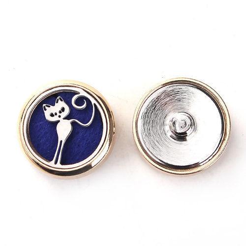 Image de 20mm Bouton Pression pour Bracelet Bouton Pression en Laiton & Acier Inoxydable Rond Doré Tampons en Feutre de Diffuseurs d'Huile Bleu Chats, Taille de Poignée: 5.5mm, 1 Pièce