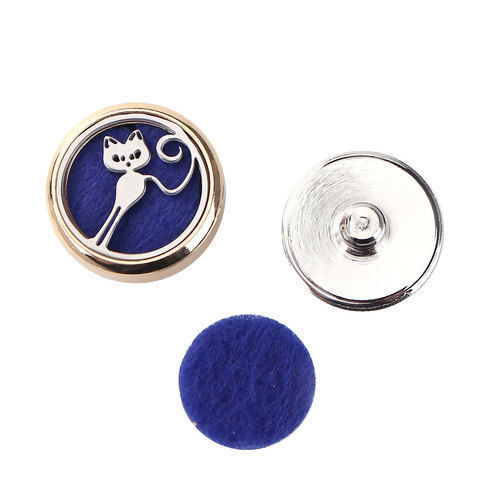 Image de 20mm Bouton Pression pour Bracelet Bouton Pression en Laiton & Acier Inoxydable Rond Doré Tampons en Feutre de Diffuseurs d'Huile Bleu Chats, Taille de Poignée: 5.5mm, 1 Pièce