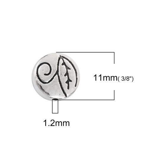 Bild von Zinklegierung Zwischenperlen Spacer Perlen Rund Antiksilber Blätter ca. 11mm D., Loch:ca. 1.2mm, 50 Stück