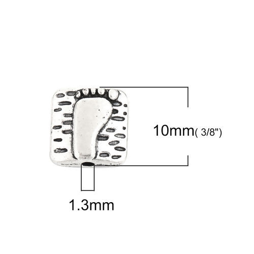 Bild von Zinklegierung Zwischenperlen Spacer Perlen Quadrat Antiksilber Fußspur 10mm x 10mm, Loch:ca. 1.3mm, 50 Stück