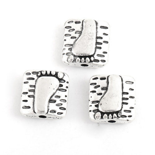 Bild von Zinklegierung Zwischenperlen Spacer Perlen Quadrat Antiksilber Fußspur 10mm x 10mm, Loch:ca. 1.3mm, 50 Stück