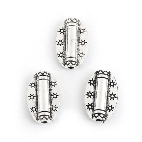 Bild von Zinklegierung Zwischenperlen Spacer Perlen Oval Antiksilber 14mm x 9mm, Loch:ca. 1.6mm, 100 Stück