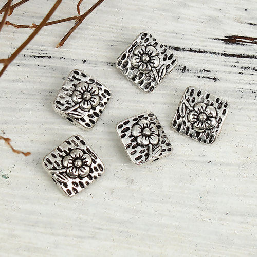 Immagine di Lega di Zinco Separatori Perline Quadrato Argento Antico Fiore Scolpisce Circa 40mm x 10mm, Foro:Circa 1.3mm, 50 Pz