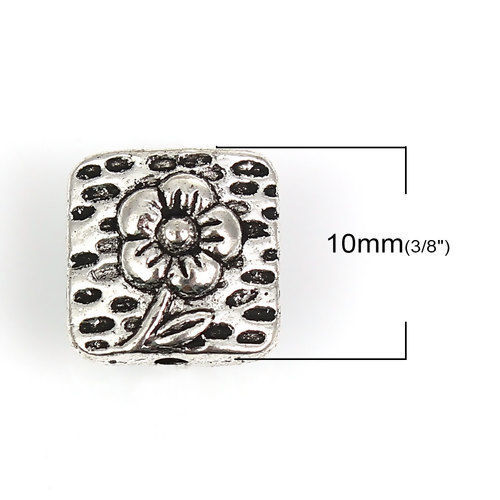 Immagine di Lega di Zinco Separatori Perline Quadrato Argento Antico Fiore Scolpisce Circa 40mm x 10mm, Foro:Circa 1.3mm, 50 Pz