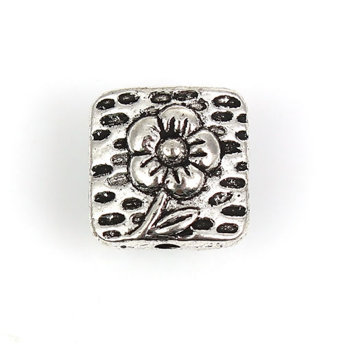 Immagine di Lega di Zinco Separatori Perline Quadrato Argento Antico Fiore Scolpisce Circa 40mm x 10mm, Foro:Circa 1.3mm, 50 Pz
