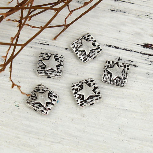 Immagine di Lega di Zinco Separatori Perline Quadrato Argento Antico Stella a Cinque Punte Scolpisce Circa 10mm x 10mm, Foro:Circa 1.3mm, 50 Pz