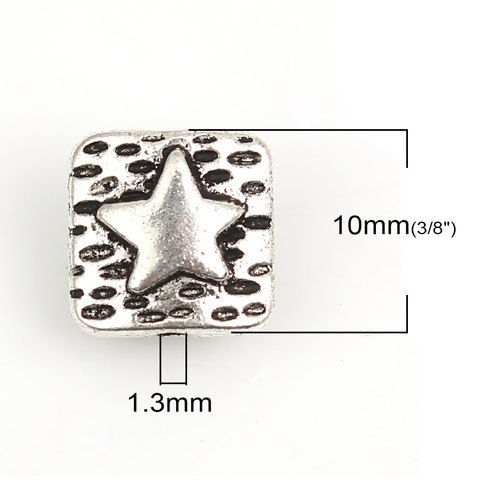 Immagine di Lega di Zinco Separatori Perline Quadrato Argento Antico Stella a Cinque Punte Scolpisce Circa 10mm x 10mm, Foro:Circa 1.3mm, 50 Pz