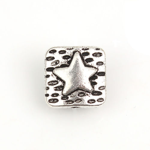 Immagine di Lega di Zinco Separatori Perline Quadrato Argento Antico Stella a Cinque Punte Scolpisce Circa 10mm x 10mm, Foro:Circa 1.3mm, 50 Pz