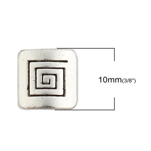 Immagine di Lega di Zinco Separatori Perline Quadrato Argento Antico Spirale Scolpisce Circa 10mm x 10mm, Foro:Circa 1.6mm, 50 Pz