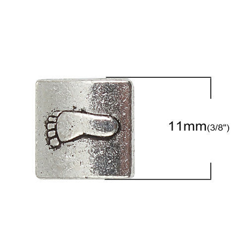 Immagine di Lega di Zinco Separatori Perline Quadrato Argento Antico Impronta del Piede Scolpisce Circa 11mm x 11mm, Foro:Circa 1.9mm, 50 Pz