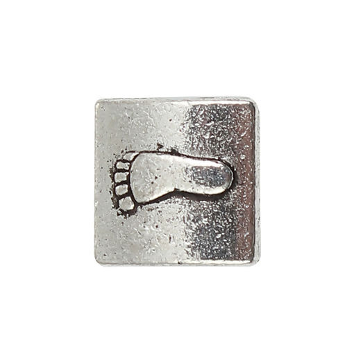 Immagine di Lega di Zinco Separatori Perline Quadrato Argento Antico Impronta del Piede Scolpisce Circa 11mm x 11mm, Foro:Circa 1.9mm, 50 Pz