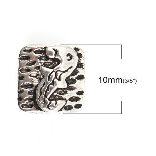 Immagine di Lega di Zinco Separatori Perline Quadrato Argento Antico Pesce Scolpisce Circa 10mm x 10mm, Foro:Circa 1.4mm, 50 Pz