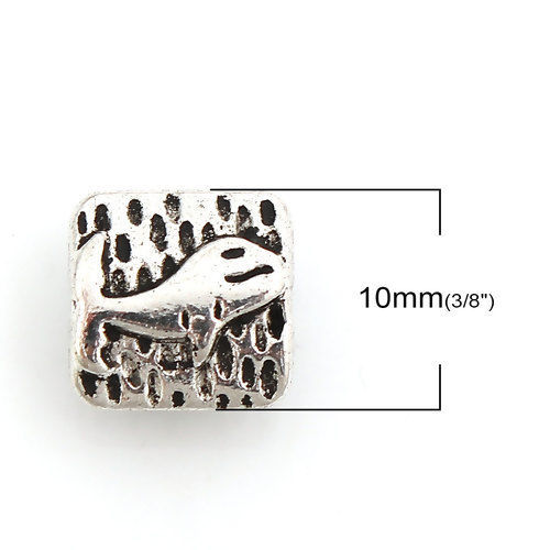 Immagine di Lega di Zinco Separatori Perline Balena Argento Antico Quadrato Scolpisce Circa 10mm x 10mm, Foro:Circa 1.1mm, 50 Pz