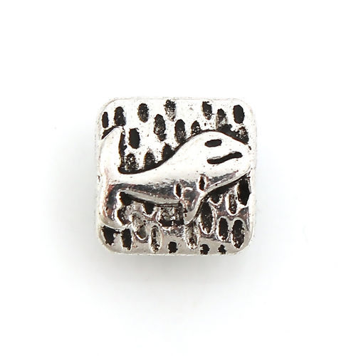 Immagine di Lega di Zinco Separatori Perline Balena Argento Antico Quadrato Scolpisce Circa 10mm x 10mm, Foro:Circa 1.1mm, 50 Pz