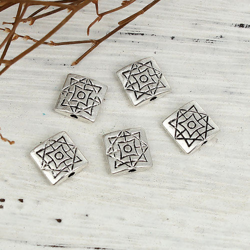 Immagine di Lega di Zinco Separatori Perline Quadrato Argento Antico Rombo Scolpisce Circa 10mm x 10mm, Foro:Circa 1.5mm, 50 Pz