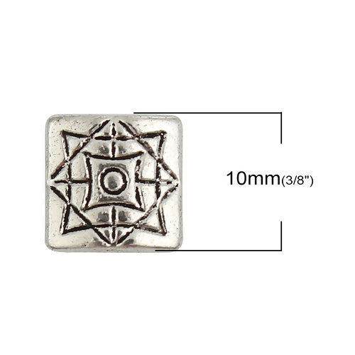 Immagine di Lega di Zinco Separatori Perline Quadrato Argento Antico Rombo Scolpisce Circa 10mm x 10mm, Foro:Circa 1.5mm, 50 Pz