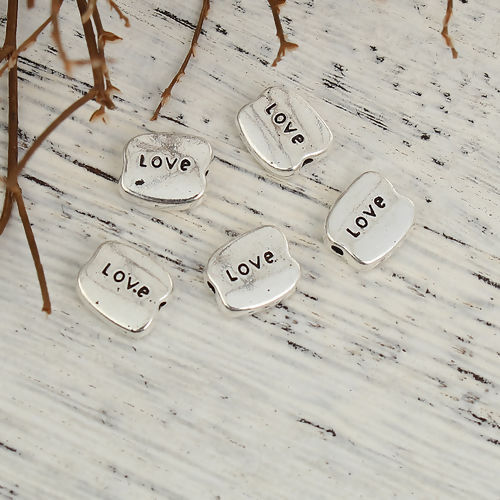 Bild von Zinklegierung Zwischenperlen Spacer Perlen Unregelmäßig Antiksilber Message " LOVE " 10mm x 8mm, Loch:ca. 1.4mm, 50 Stück
