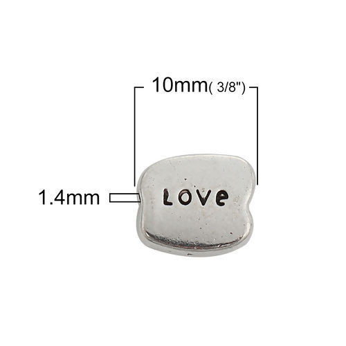 Bild von Zinklegierung Zwischenperlen Spacer Perlen Unregelmäßig Antiksilber Message " LOVE " 10mm x 8mm, Loch:ca. 1.4mm, 50 Stück