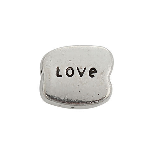 Bild von Zinklegierung Zwischenperlen Spacer Perlen Unregelmäßig Antiksilber Message " LOVE " 10mm x 8mm, Loch:ca. 1.4mm, 50 Stück