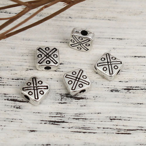 Immagine di Lega di Zinco Separatori Perline Quadrato Argento Antico Circa 6mm x 6mm, Foro:Circa 1.4mm, 100 Pz