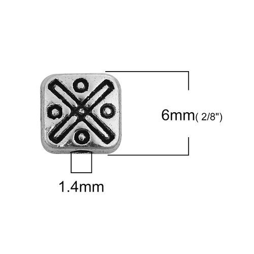 Immagine di Lega di Zinco Separatori Perline Quadrato Argento Antico Circa 6mm x 6mm, Foro:Circa 1.4mm, 100 Pz