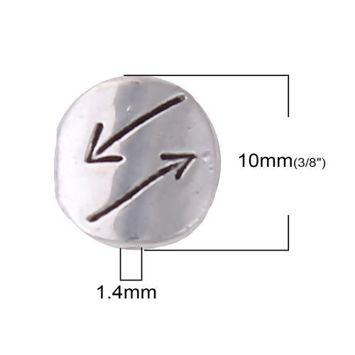 Bild von Zinklegierung Zwischenperlen Spacer Perlen Rund Antiksilber Richtungspfeil ca. 10mm D., Loch:ca. 1.4mm, 50 Stück