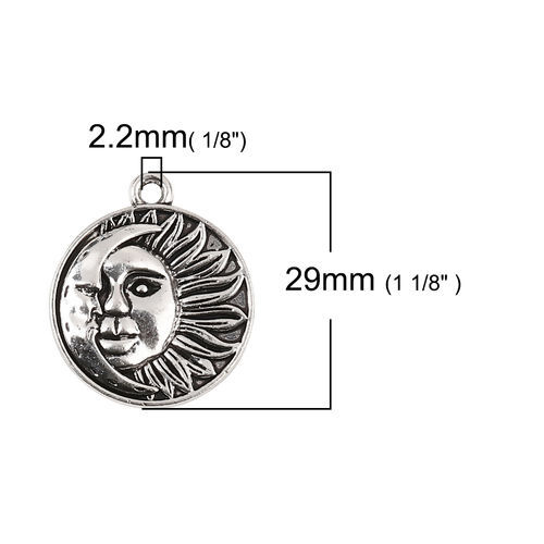 Bild von Zinklegierung Böhmischer Stil Charms Rund Antiksilber Sonne und Mondgesicht 29mm x 25mm, 20 Stück