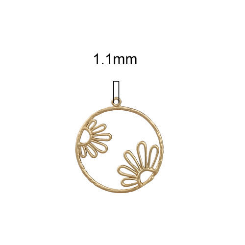 真鍮 チャーム 円形 マットゴールド 花 29mm x 26mm、 3 個 の画像