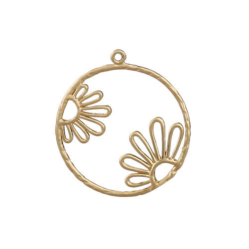 真鍮 チャーム 円形 マットゴールド 花 29mm x 26mm、 3 個 の画像