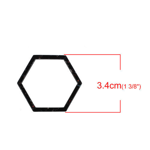 Image de Connecteurs en Acrylique Hexagone Noir Paillettes 34mm x 30mm, 10 Pcs