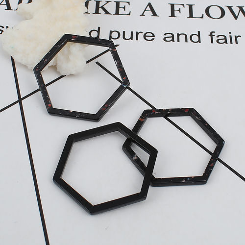 Image de Connecteurs en Acrylique Hexagone Noir Paillettes 34mm x 30mm, 10 Pcs