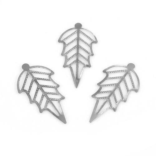 Picture of Iron Based Alloy Embellishments Leaf Silver Tone Filigree 37mm(1 4/8") x 20mm( 6/8"), 100 PCs