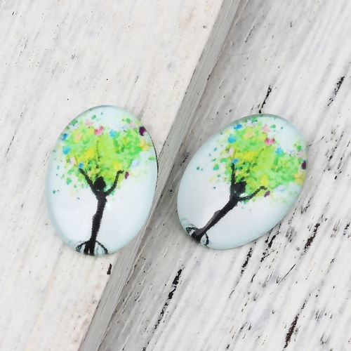 Image de Cabochon Dôme en Verre Ovale Dos Plat Vert Arbres 18mm x 13mm, 30 Pcs
