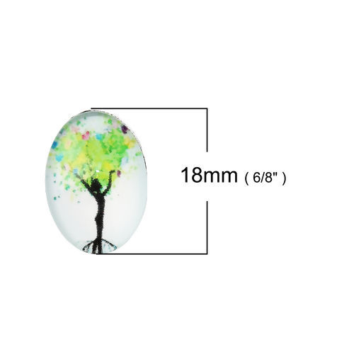 Image de Cabochon Dôme en Verre Ovale Dos Plat Vert Arbres 18mm x 13mm, 30 Pcs