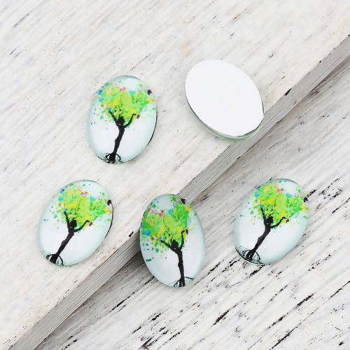 Image de Cabochon Dôme en Verre Ovale Dos Plat Vert Arbres 18mm x 13mm, 30 Pcs
