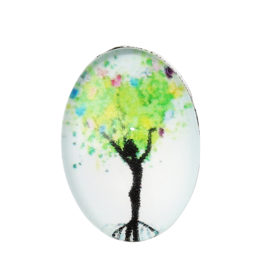 Image de Cabochon Dôme en Verre Ovale Dos Plat Vert Arbres 18mm x 13mm, 30 Pcs