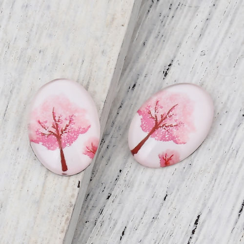 Image de Cabochon Dôme en Verre Ovale Dos Plat Rose Arbres 18mm x 13mm, 30 Pcs